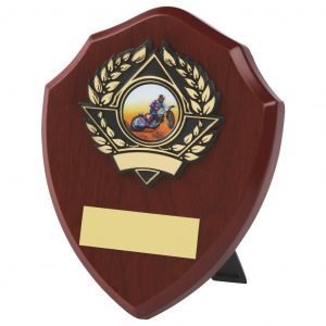 darkwood coloured traditional shaped motorbike themed shield