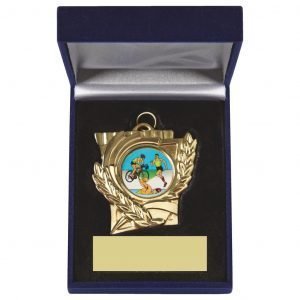 Heavy Sports Medal and Case Trophy. Made from a coloured metal alloy. With a luxury case and insert for the medal to fit snug into. Choice of three different colours of medals with matching engraving plates