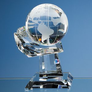 Globe on Hand Trophy. Very effective and stylish. Ideal recognition, achievement or incentive gifts for global, travel or transport based companies