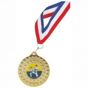 Medal and Ribbon Deal Gold Colour. Made from a gold coloured metal alloy with a dull finish. A clip ring to which a red white and blue 22mm wide ribbon is connected