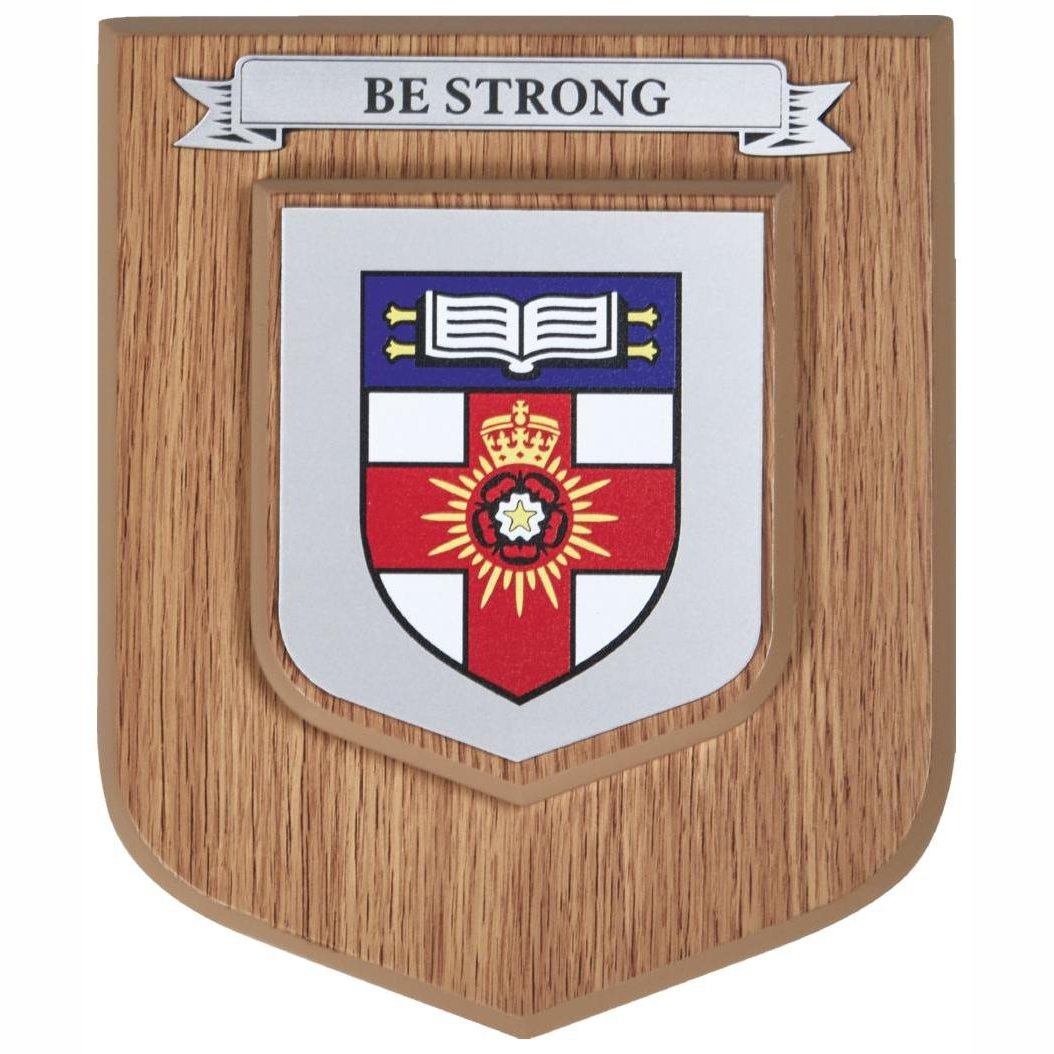 114-PicE Light Oak Finish Heraldic Wall Plaque Single Scroll
