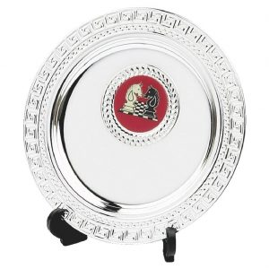 Multi-Sports Value Salver 10cms. Constructed from a metal alloy with a bright shiny silver finish and a black plastic plate stand. Incorporating large area to include all your engraving