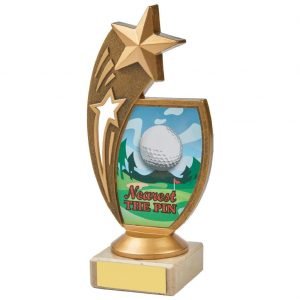 Star Nearest Pin 17cms. Constructed from a fine detailed old gold coloured plastic composite shooting star riser. Incorporating a golf ball image. Connected to a cream marble base.