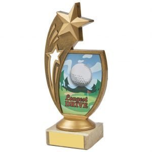 Star Longest drive. 17cms. Constructed from a fine detailed old gold coloured plastic composite shooting star riser. Incorporating a golf ball image. Connected to a cream marble base.