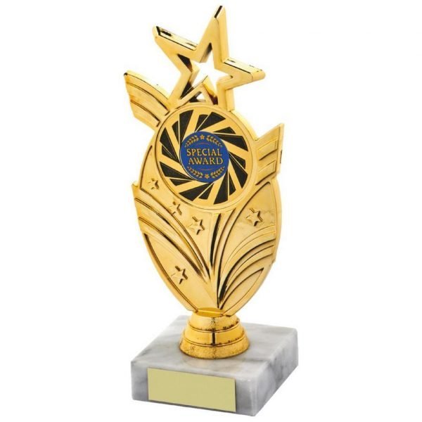 Dancing Star Trophy 19cms.a gold coloured hard plastic composite star holder. Also a choice of dance centres. All connected to a piece of white marble