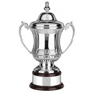 FA Cup Look-a-like. Top quality silver plate with hand chasing along the lip and bowl of the cup. Lots of room for engraving.